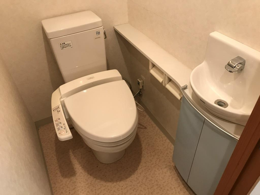 イーストアベニューのトイレ|温水洗浄便座機能付きトイレ。
手洗カウンター付き。