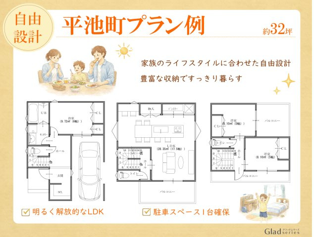 【建築条件付き土地】サン・タウン平池町の土地図＋建物プラン例|参考プラン図です！
建物価格2100万円（税込）
※標準建物面積99・17㎡の価格
駐車場２台プラン等も可能ですよ！