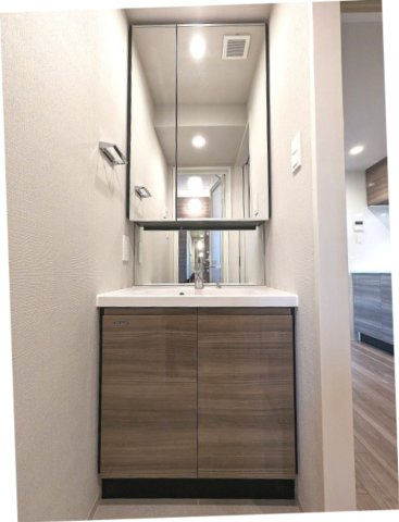 ONE ROOF RESIDENCE上野御徒町の洗面所|トイレと独立した洗面室、2面鏡付き、ハンドシャワー付き洗面台