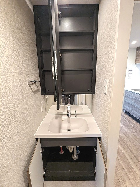 ONE ROOF RESIDENCE上野御徒町の設備|トイレと独立した洗面室、2面鏡付き、ハンドシャワー付き洗面台