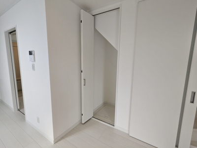 【収納】 | 大東市三箇１丁目新築戸建 | 階段下のスペースを活用したリビングの収納。季節家電や掃除機の置き場所にぴったり。