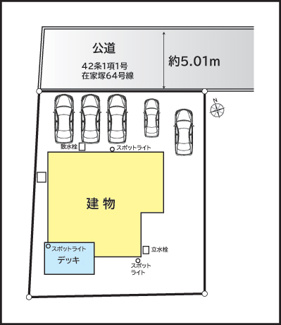 【区画図】 | 南アルプス市在家塚 Ｈ24年セキスイハイム施工 オール電化中古 | 敷地71坪の整形地　カースペースは並列5台分　前面道路5.01ｍで車庫れも楽々です。