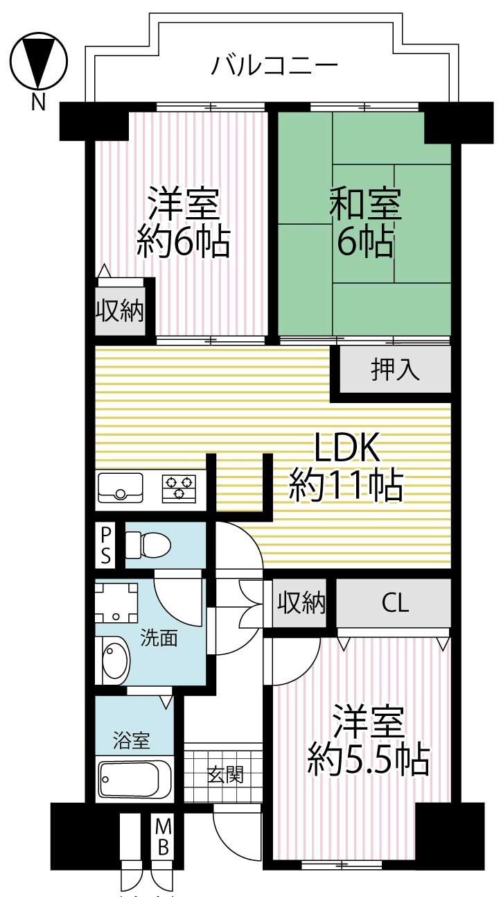 駅近＆３沿線利用可能●リフォーム完了の美室●南向き３ＬＤＫ●ペット飼育可能●ユニ宇治マンション１号棟の間取り