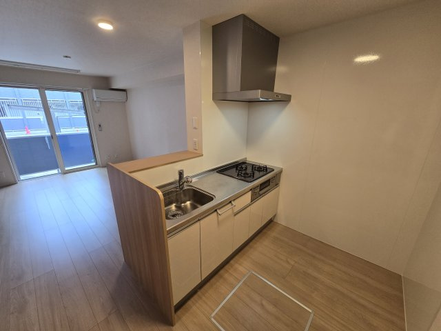 アリビオ向日町A棟のキッチン|カウンターキッチン採用。グリル付きシステムキッチンで自炊快適