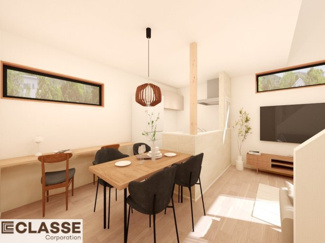 【完成予想図】 | 宇治市木幡北山畑　2区画A号地　売土地　建築条件付き | 標準仕様（アトリエスタイルハウス仕様）で断熱材は気密性、断熱性能も高い、吹付断熱を採用。屋根断熱を実現していますので、お家全体が冬はあったかく、夏は涼しいお家づくりが可能です。