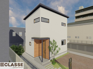 【外観パース】 | 宇治市木幡北山畑　2区画A号地　売土地　建築条件付き | アトリエスタイルハウス仕様の窓はペアガラス、サッシはアルミ×樹脂複合のハイブリットサッシを採用。ガラスの間には断熱性の高いアルゴンガスを充填しておりますので、より断熱性能が高まる仕様になっております。