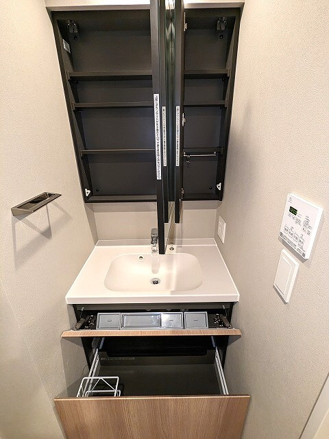 JMFレジデンス蔵前二丁目の設備|システム収納付きでトイレと独立した洗面室、2面鏡、右下にヘルスメーターストック