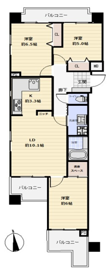 【間取り】 | レジオン東大阪 | ペット飼育OK♪三方角住戸！【3LDK＋2面バルコニー☆】室内全面リフォーム履歴あり(2023年6月)☆全居室バルコニーに面す☆キッチン窓付きです☆