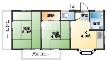 ２面バルコニーの明るい２ＤＫです！窓が多いです！