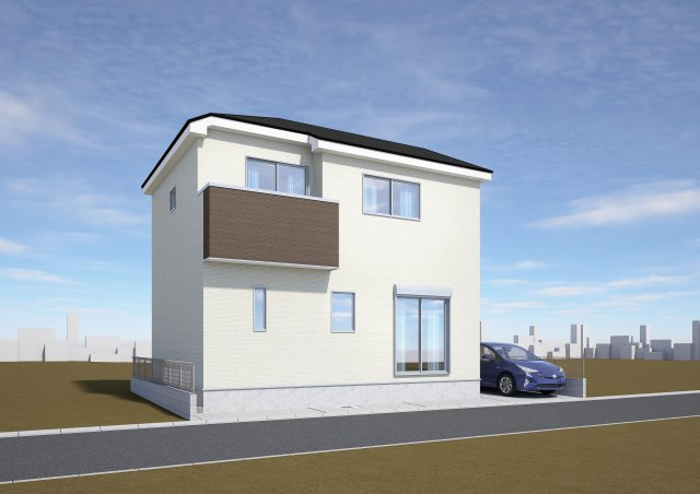 越谷市大沢　新築戸建ての外観パース|南東道路につき陽当りも◎