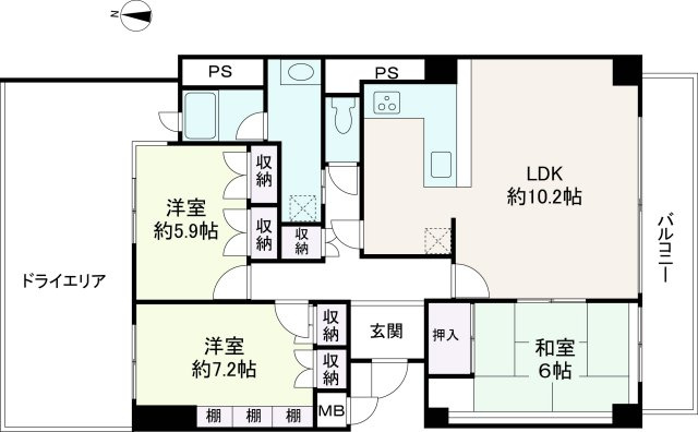 ラフィーヌ芦屋の間取り|3LDK、価格5980万円、専有面積94.32㎡、バルコニー面積11.59㎡