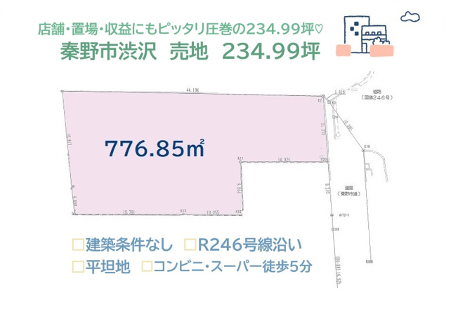 【土地図】 | 間取り・デザインについてじっくり考えられる「建築条件なし」　
店舗や置場・収益物件にもピッタリな圧巻の土地面積234.99坪！又とない好条件の売地を、ぜひご見学下さい♪