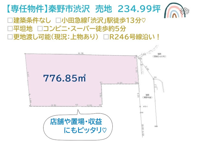 【土地図】 | 間取り・デザインについてじっくり考えられる「建築条件なし」　
店舗や置場・収益物件にもピッタリな圧巻の土地面積234.99坪！又とない好条件の売地を、ぜひご見学下さい♪