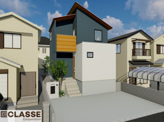 【外観パース】 | 城陽市寺田宮ノ谷　売土地　建築条件付き | 参考プランになりますので、お客様のお好みの外観を一緒に作らせていただきます。外壁には、メンテナンスが楽な光セラを採用しており、汚れがつきにくく、色あせもしにくいのでおススメです！