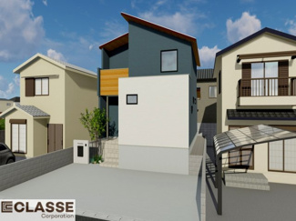 【外観パース】 | 城陽市寺田宮ノ谷　売土地　建築条件付き | 弊社は、気密測定器を保有しており、自社での気密測定を実現しております。気密処理をし、気密測定まで標準でさせていただいております。