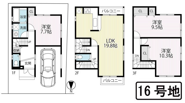 全２４区画新築分譲につき綺麗な街並み■ゆったり３ＬＤＫ■車庫駐車１台可能■伏見区久我御旅町３１期の間取り