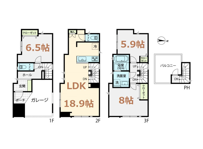 【間取り】 | 世田谷区太子堂２丁目　一戸建て | 築約4年、113.23㎡の広々３LDK＋P！解放感溢れるルーフバルコニー有♪東向きですが南側にも通路がある為、角地に近い陽当り環境！！収納も豊富なLDKは18.9帖、主寝室は8帖ございます。