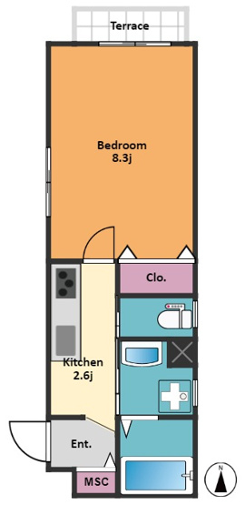 【間取り】 | HEBEL MAISON 四谷B | 洋室には広めの収納もあり、すっきりとした生活スペースが作りやすいお部屋です！3口コンロ搭載のキッチンはお料理もしやすいですね！