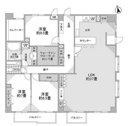 【間取り】 | 向ヶ丘遊園東ガーデンハウス | 広々37帖のLDKに加えて、9.5帖・8.5帖・7帖の洋室のお部屋３部屋です