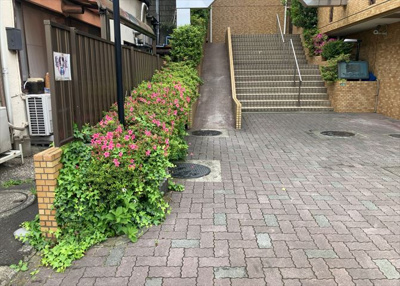 【中庭】 | ライオンズマンション座間第２ | 中庭（パティオ）とは、一つの建築物の内部に設けられた、壁などで囲われている庭のことを指します。コの字型、ロの字型が主流ですが、L字型の中庭もあります。最近では、インテリア性の高さからも人気があります。