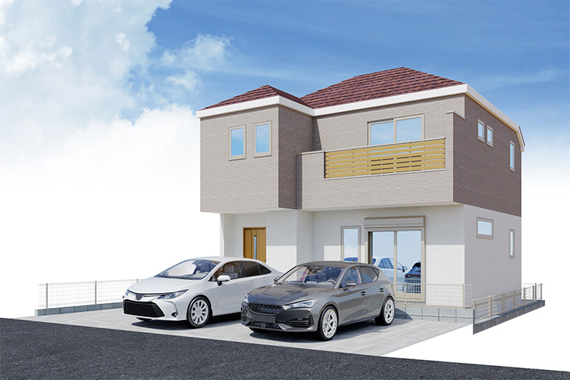 新築戸建　藤沢市白旗4丁目の外観パース|図面を基にしたイメージパースのため周辺環境・植栽等は実際とは異なる場合があります。
