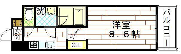アーバンフラッツ五条堀川の間取り|1Ｋ（洋室８.６帖×Ｋ）
