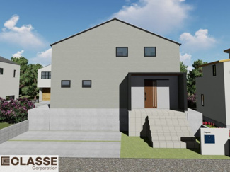 【外観パース】 | 宇治市折居台4丁目　売土地　建築条件付き | 参考プランになりますので、お客様のお好みの外観を一緒に作らせていただきます。外壁には、メンテナンスが楽な光セラを採用しており、汚れがつきにくく、色あせもしにくいのでおススメです！