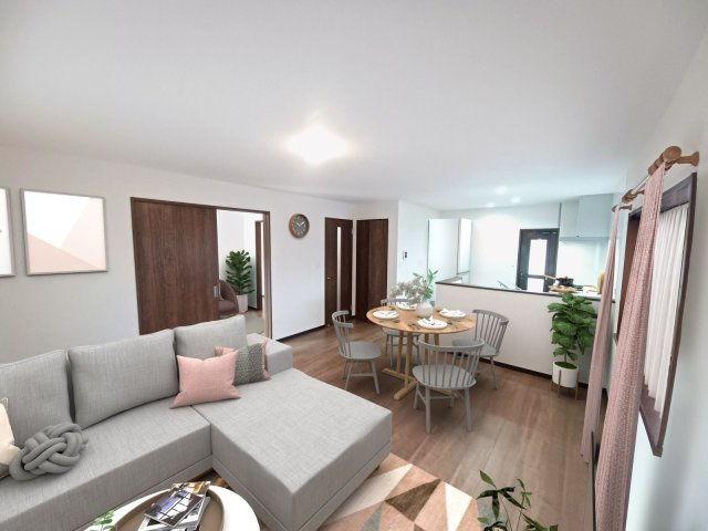 【居間・リビング】 | 宗像市広陵台２丁目　戸建て | 開放感あるオープンなカウンターキッチンを置いたLDK。
ホワイトの壁とナチュラルなフローリングで、あたたかみのある空間に仕上がりました