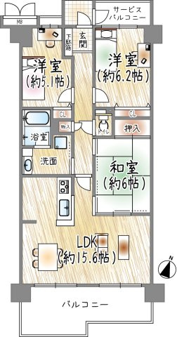 ラ・ビスタ宝塚エスティオ２番館の間取り|南向きで陽当り良好