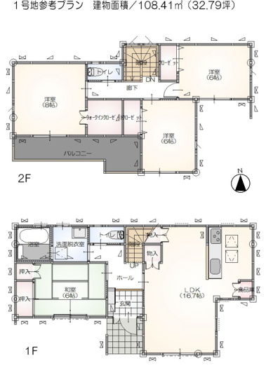 【参考プラン】 | 鴻巣市箕田富士山Ⅱ期全６区画 | 1号地参考建物プラン、延床面積108.41㎡・価格1880万円（税込）
