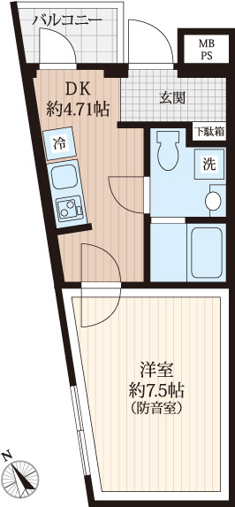 「防音マンション」ラシクラスInfina 上板橋の間取り|１DKタイプの間取りです