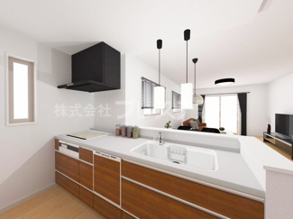 【キッチン】 | 奈良市北登美ヶ丘６丁目の新築一戸建 全９区画 | ３号地キッチン完成イメージ／人気の対面キッチン♪食器洗い乾燥機＆浄水器を標準装備！