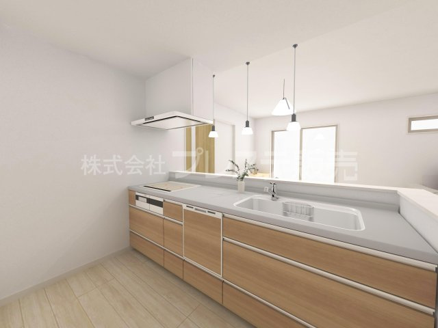 奈良市北登美ヶ丘６丁目の新築一戸建 全９区画のキッチン|５号地キッチン完成イメージ／人気の対面キッチン♪食器洗い乾燥機＆浄水器を標準装備！