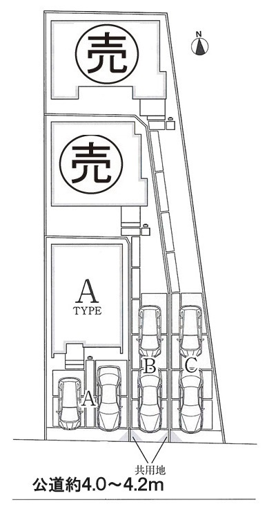 小牧市大字東田中　新築戸建　Aタイプの区画図|南面公道約4ｍに面する。