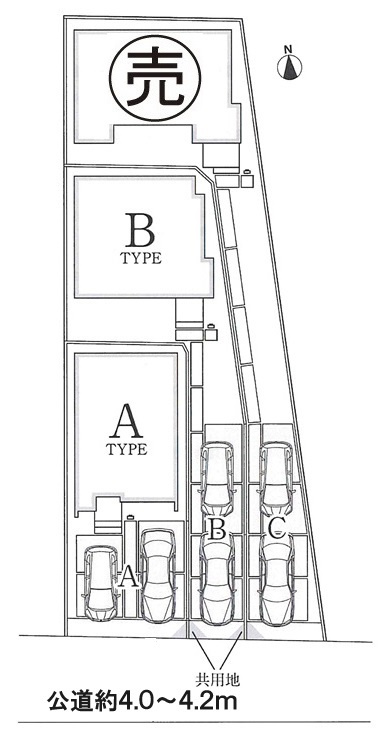 小牧市大字東田中　新築戸建　Bタイプの区画図|南面公道約4ｍに面する。