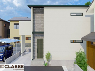 【外観パース】 | 城陽市平川指月　売土地　建築条件付き | 参考プランになりますので、お客様のお好みの外観を一緒に作らせていただきます。外壁には、メンテナンスが楽な光セラを採用しており、汚れがつきにくく、色あせもしにくいのでおススメです！