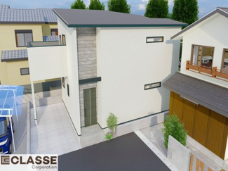 【完成予想図】 | 城陽市平川指月　売土地　建築条件付き | アトリエスタイルハウス仕様の窓はペアガラス、サッシはアルミ×樹脂複合のハイブリットサッシを採用。ガラスの間には断熱性の高いアルゴンガスを充填しておりますので、より断熱性能が高まる仕様になっております。