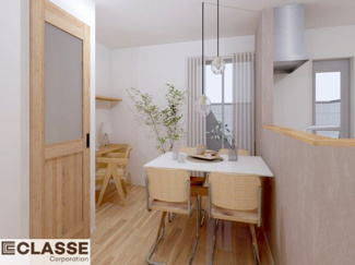 【外観パース】 | 城陽市平川指月　売土地　建築条件付き | 標準仕様（アトリエスタイルハウス仕様）で断熱材は気密性、断熱性能も高い、吹付断熱を採用。屋根断熱を実現していますので、お家全体が冬はあったかく、夏は涼しいお家づくりが可能です。