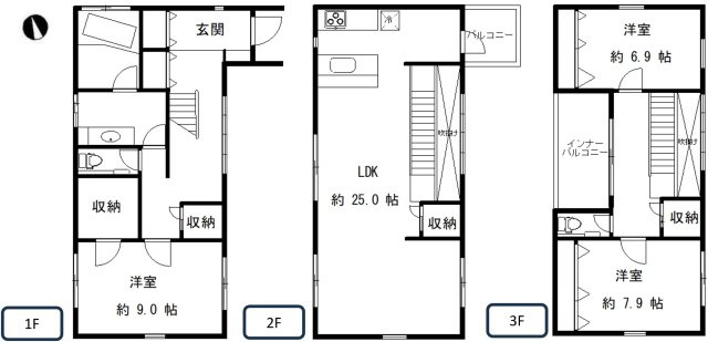【間取り】 | 南青山一丁目戸建 | 1F：約53.01㎡、2F：約47.21㎡、3F：約40.87㎡