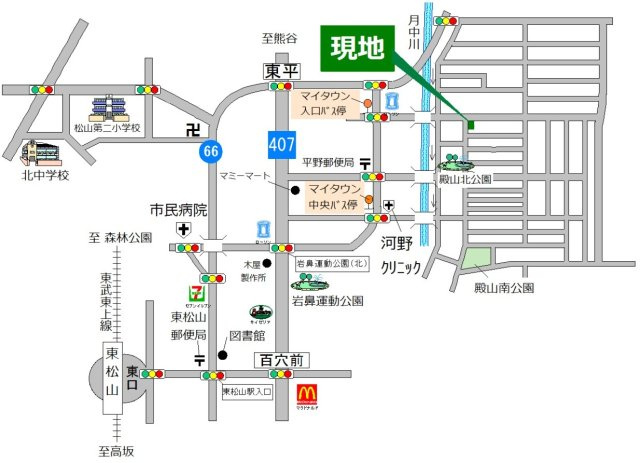 東松山市殿山町 中古戸建(5ＬＤＫＫ)2階にもキッチン有の地図