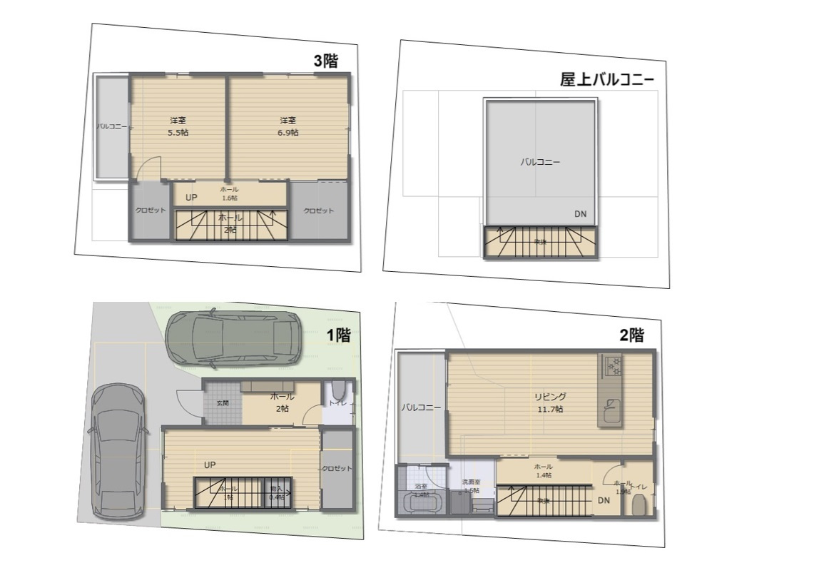 サン・タウン平池町の区画図|■建物プラン例、土地価格1380万円、土地面積68.14m2、
■建物価格2,330万円（税込）建物面積106.99m2 （約32坪）※オプションのルーフバルコニー付き