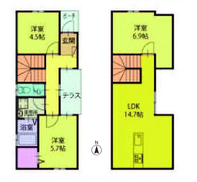 【中古戸建】伊勢崎市茂呂町の間取り|■間取り図｜敷地面積：97.65（約29.5坪）　建物面積：70.57（約21.34坪）