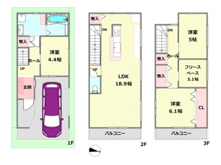 【参考ＰＬＡＮ】
18.9帖リビングとゆとりのプランニングが可能です。間取り変更可能につき、ご家族のライフスタイルにあった間取りを実現ください。
