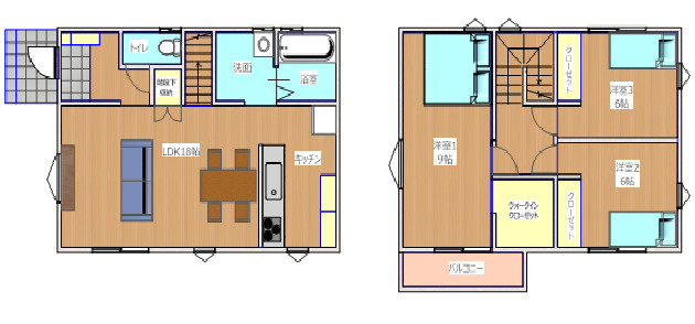 【間取り】 | 南区大福 | 1階：LDK18帖
2階：洋室9帖・6帖×2部屋