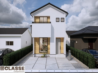 【外観パース】 | 宇治市広野町新成田2区画B号地　売土地　建築条件付き | お客様のお好みに合わせて、外観デザインも一緒に作り上げていきます。「ひと目で分かるアトリエの家」をコンセプトに、木・金属・吹抜けを組み合わせ”あなたらしさ”を表現できる外観づくりが可能です。