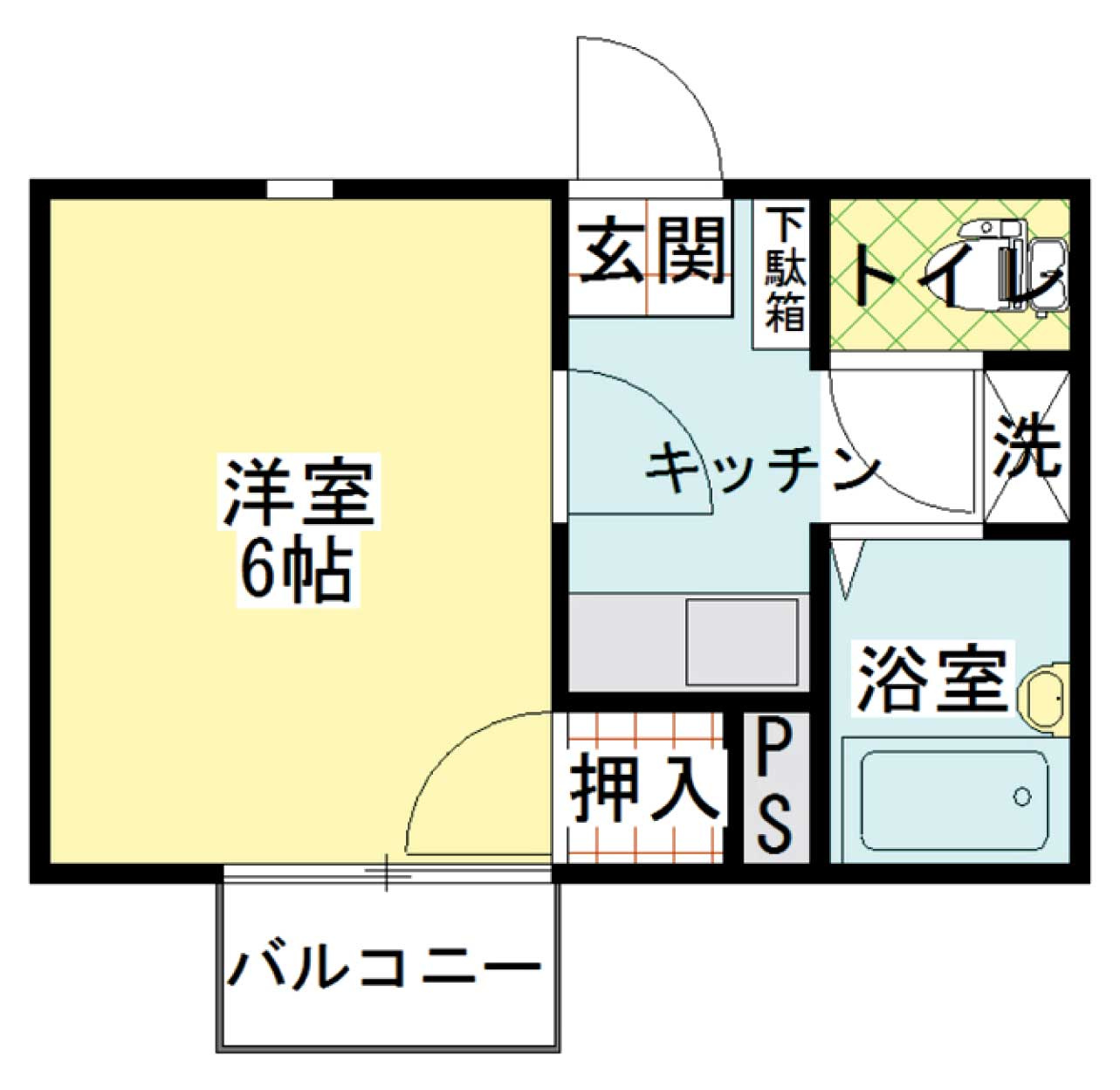 メゾンジェンティールの間取り|６帖の洋室のある１Kです。