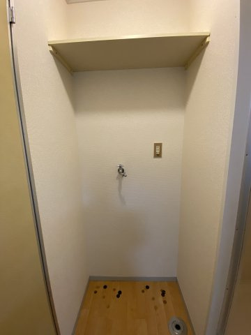 メゾンジェンティールの玄関|室内に洗濯機置き場あり。上部に収納スペースもあります。