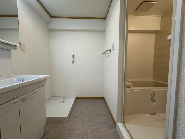 ライオンズマンション藤ヶ丘ガーデンの脱衣所|ゆとりの洗面スペースで朝の身支度も快適スムーズに。