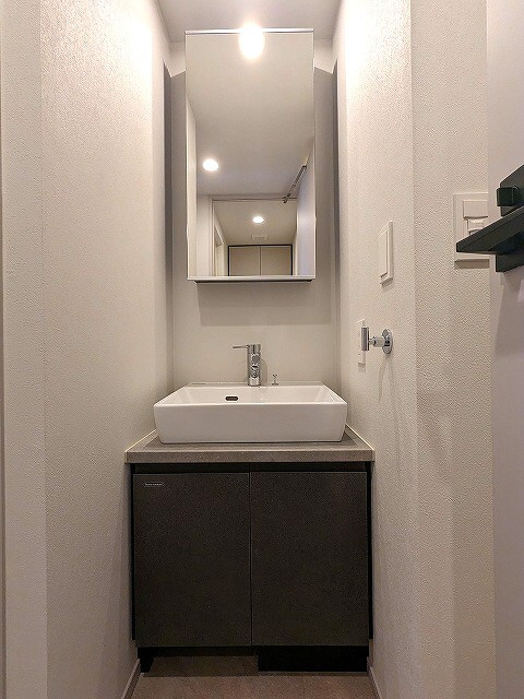 JMFレジデンス蔵前鳥越の洗面所|トイレと独立したハンドシャワー付き独立洗面台、洗面台の下にヘルスメーターストックスペースあります