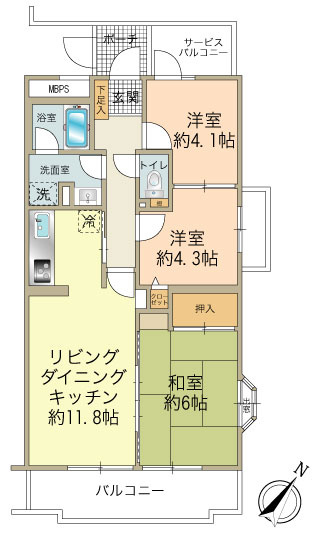 専有面積：60.41㎡　間取り：3LDKタイプ（専用ポーチ付き）
